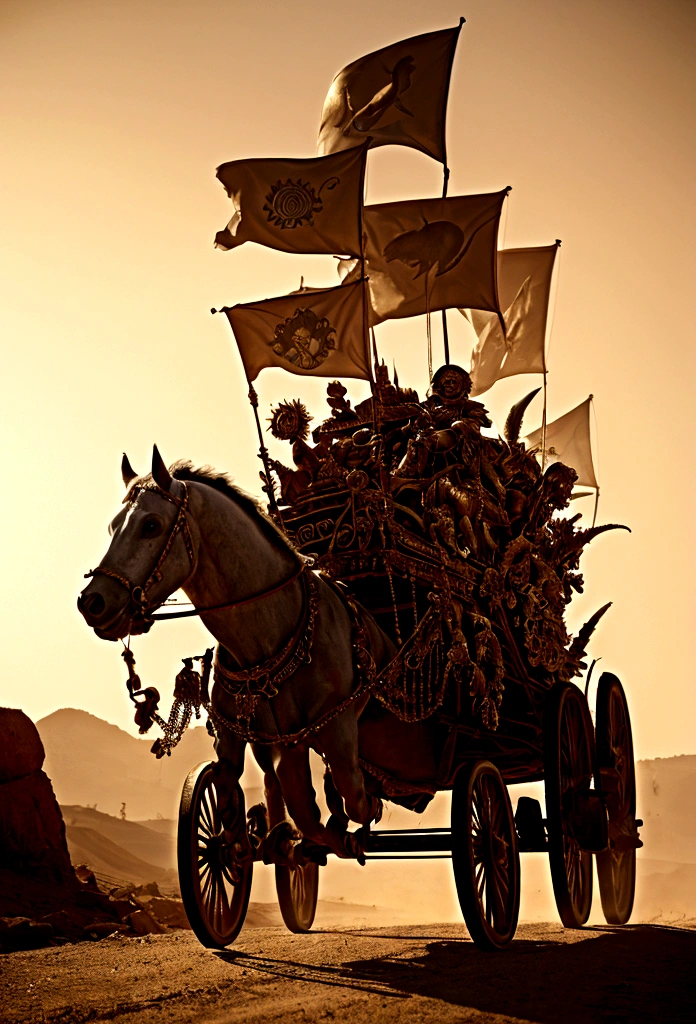 The Chariot, A warrior drives a chariot pulled by two different forms of creatures, driving forward with conflicting forces. The chariot is decorated with a symbol of victory, symbolizing
