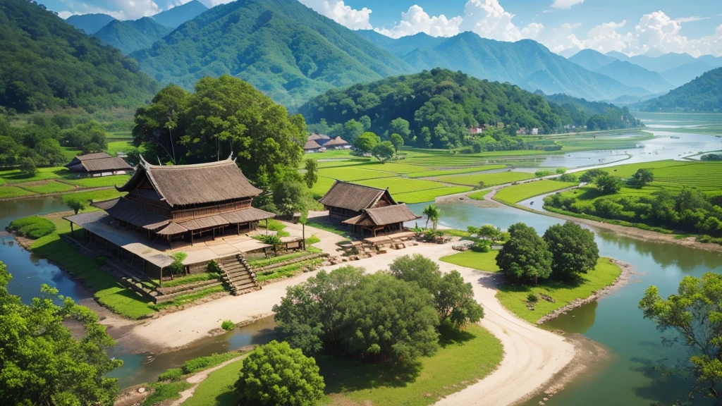 Beautiful scenery of ancient village in Malaysia. Aerial view. Photorealistic photos, High definition. 8K