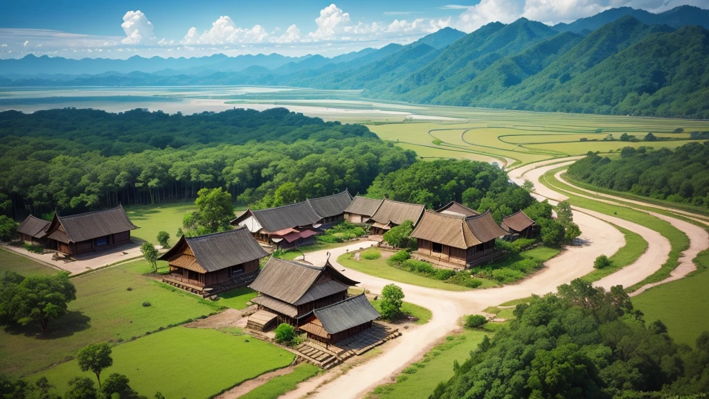 Beautiful scenery of ancient village in Malaysia. Aerial view. Photorealistic photos, High definition. 8K