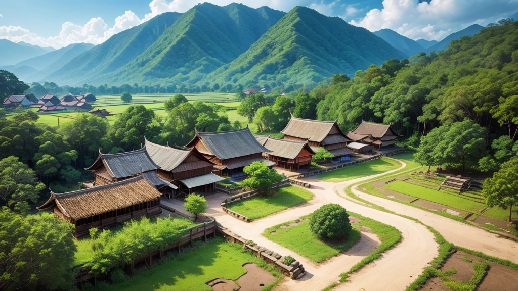 Beautiful scenery of ancient village in Malaysia. Aerial view. Photorealistic photos, High definition. 8K