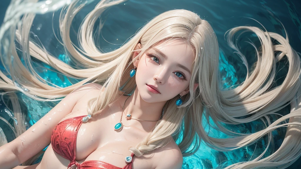 (Highest Quality Realistic Textured Skin),(terrible),(OK, round, Symmetrical eyes),Delicate facial features,(Burning bright cold eyes),(She has a mischievous smile),(Her face is kind and beautiful),Glass earrings in the ears,,(blonde),(Silvery white hair),(Chestnut Hair),(Swim at the bottom of the ocean),(Full body portrait:1.5),(Dramatic Photos:1.4),(Dramatic Pose),(Flashy photos)(look up),(Looking down),(Around her neck is a simple necklace made with exquisite craftsmanship.),Cluttered photos,(Hair flowing in water:1.5),(Underwater, Life at sea, 美しいCoral Reef, fish),(Background vortices and currents),(Dramatic Light),(Nice views),(美しいfishに囲まれて),遠くの背景にはCoral Reefに沈んだ寺院が見える,Coral Reef,Spectacular realism,Cinematic atmosphere,(High-density image review:1.5),(Soft colors:1.2),Very detailed,Dramatic Light,(Intricate details:1.1),Complex background,