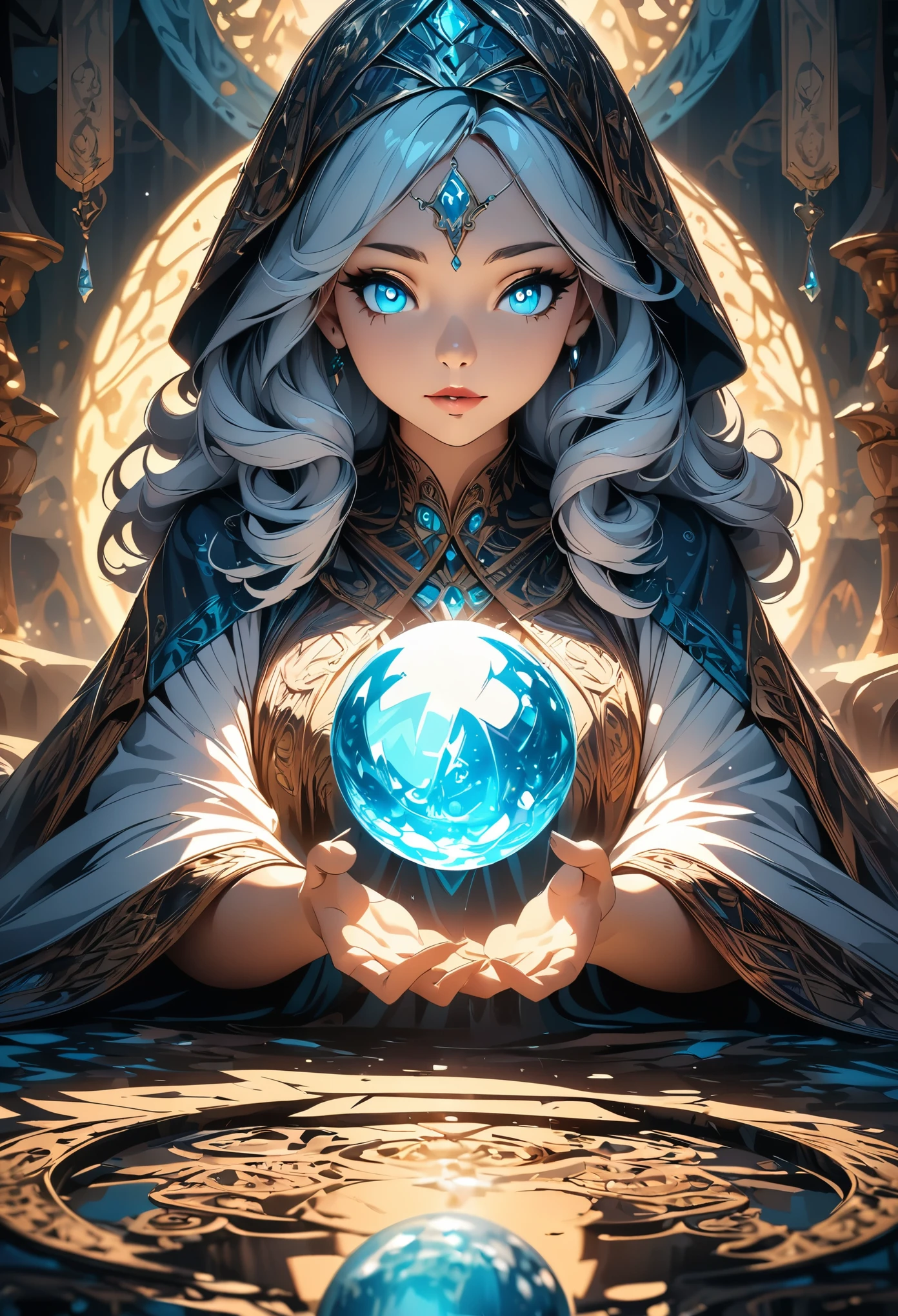 Fortune teller woman with crystal ball, Beautiful detailed eyes, Beautiful detailed lips, Highly detailed eyes and face, Long eyelashes, Elegant robes, Dramatic lighting, Shining crystal ball, Mysterious atmosphere, Intricate details, A calming color palette, Cinematic composition, Fantasy art, Digital Art, Anime Style, Detailed digital illustration, (Highest quality, 4K, 8K, High Contrast, masterpiece, Best aesthetics).