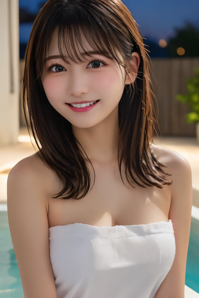 Highest quality, (beautiful)、Soak in a large open-air bath、Cover yourself with a bath towel、Close-up、Soft 、night、smile、Bare shoulders、Outdoor、steam、Larger breasts、Plenty of hot water