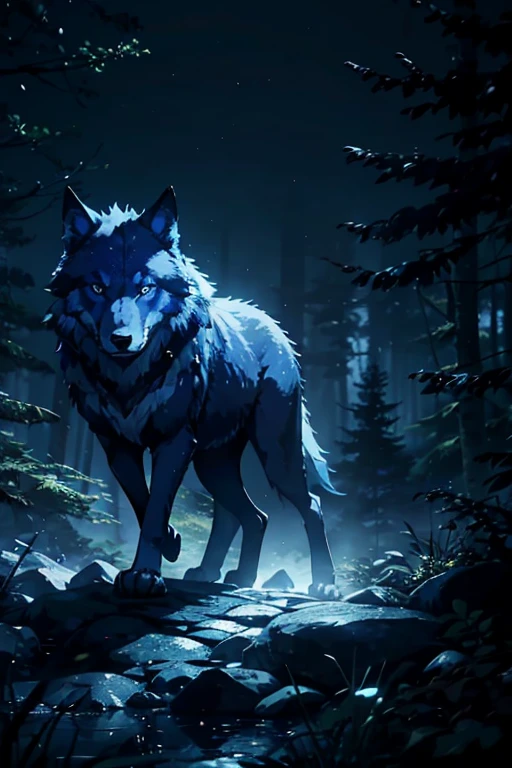 A blue wolf walking, on a rock, in the forest, night, Just turn your face towards me, moon