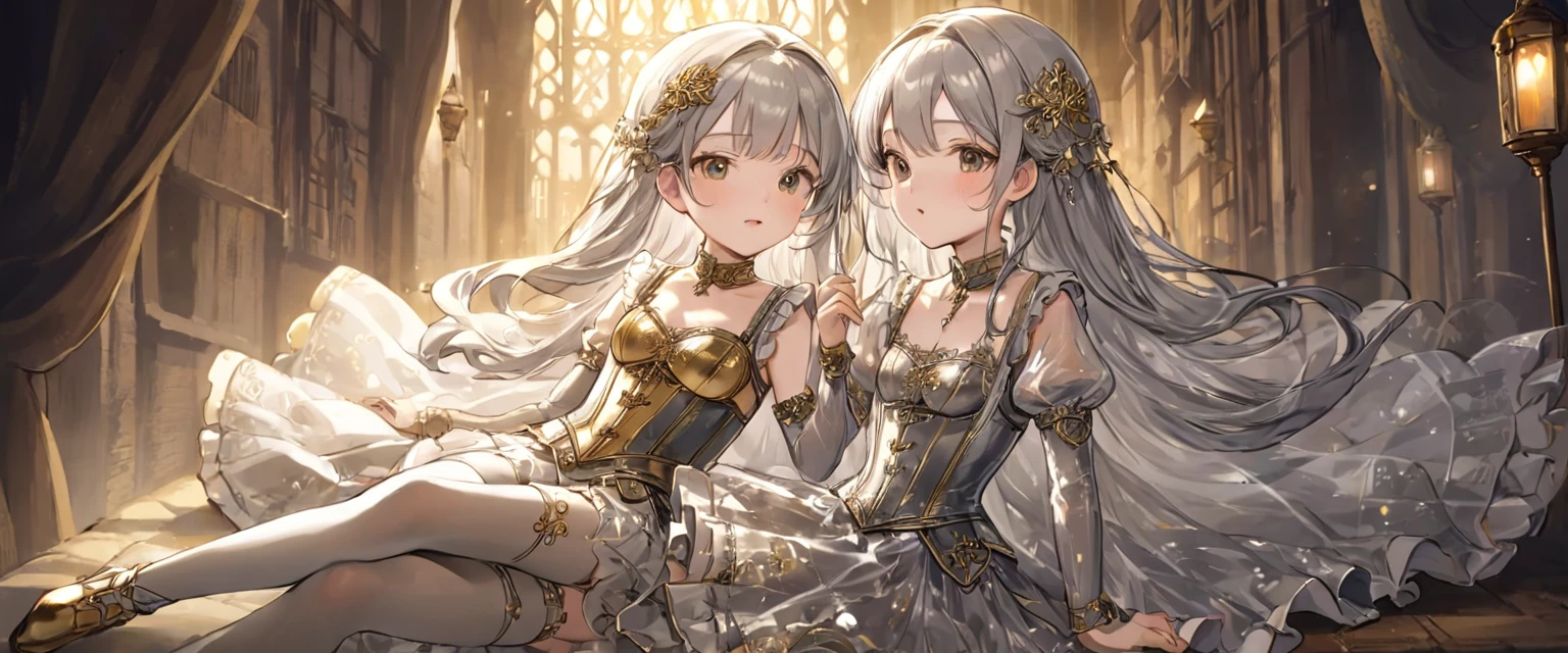 8 year old medieval girl, １people々、In underwear、Gold and silver thread embroidery、Translucent underwear that reaches below the knee（Bloomers）wear、wear a semi-transparent corset、Translucent slip, Silver translucent tights、sleep