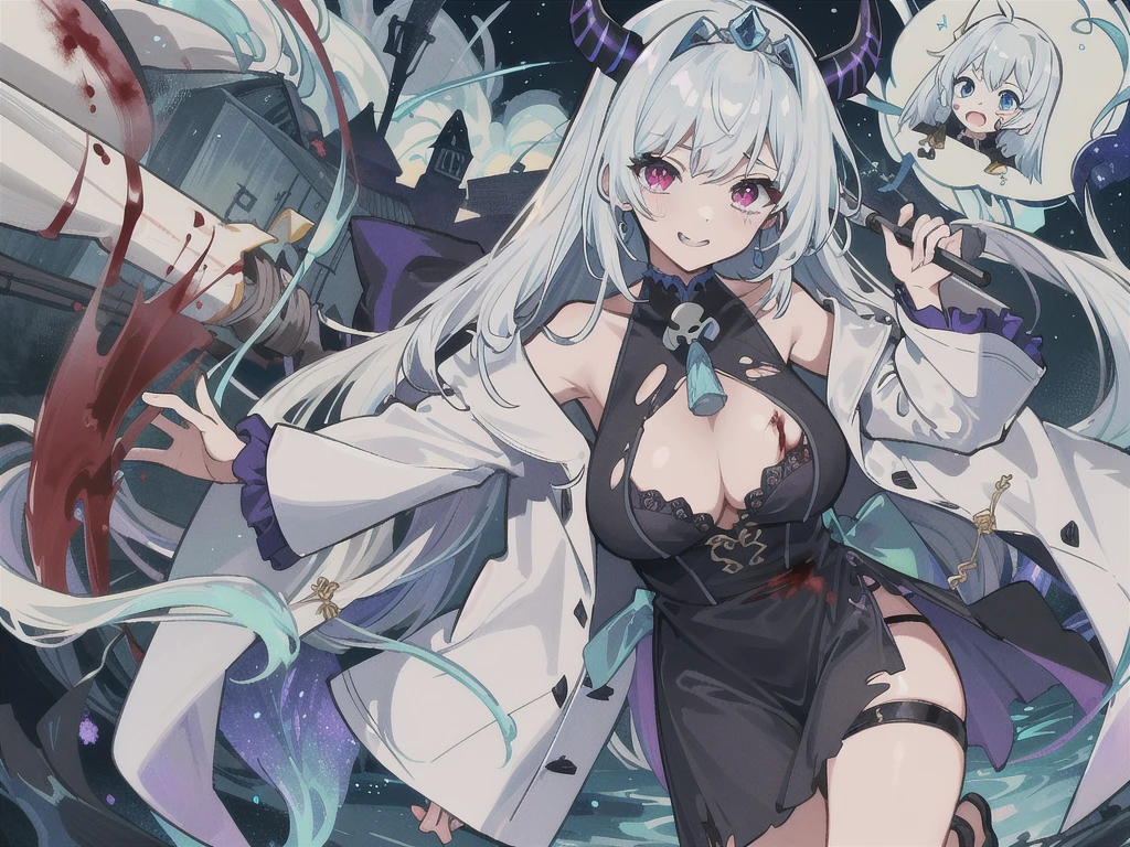 Highest quality、masterpiece、8K、Realistic、超High resolution、High resolution、Perfect female body、Mature Woman、Opposition、(Big Breasts:1.4)、Looking at the audience、(Princess of Another World、Gorgeous Dress、Shining Jewels、Long white hair、Elegant behavior、A delicate tiara、シルクhand袋、Embroidered gown、royal coat of arms、Gold Jewelry)、死んだ腐ったBloodに飢えた邪悪なzombie, Girl Venom, 黒い共bornborn物が付着している, Bloodまみれの, Evil look, Psychopathic, Torn clothes, Torn costume, sexy, reveal, Combat Stance, Very detailed, Vibrant appearance, Creative Action, Very detailed, Imaginative, Sensual, Voluntary, Small breasts, sexy, reveal, Highest quality, skinの質感, Intricate details, (Highest quality, masterpiece, 超High resolution), (8K壁紙, High resolution, High resolution, born), (credibility: 1.4), (whole bodyショット), One girl, ((Anime Girls)),,(Bloodしぶき:1.6), ((Fantasy Witch Costume)), ((Flowing white hair)), ,(Bloodしぶき:1.6),Female curves, Large Breasts, Thick thighs, sexyな平らなお腹, 完璧なhand, 完璧なアニメのface, ((dark lolita dress)), Are standing, ((Wicked Smile)), ,(Bloodしぶき:1.6),In the Victorian city, gaslight, Steam circulates, Moonlight Illumination, night間照明, A sky filled with stars and galaxies,disaster々new devil horns,,(Bloodしぶき:1.6),アニメzombie魔女デザインねじれた笑face、Bloodまみれの、頭からの出Blood、Bloodしぶき、,(Bloodしぶき:1.6),Crossbones, skull, Streetwear Design, Provector, Horror Style, Full Design, Huge breasts, Very detailed, Realistic, Dark fantasy, Gloomy atmosphere, Intricate details, Crazy Smile, 狂ったeye, A cute and luxurious hair band,(masterpiece:1.2, Highest quality), Scary atmosphere、Distorted facial expressions、Horror Art、Bloodの雨、Bloodを流す、Bloodしぶき,(Bloodしぶき:1.6),悪魔のeye、redいeye、scar、火scar、whole body、Torn hair of a woman dressed in slave clothing、（Long Hair）、（eyeにかかる長さの前髪）、Black Hair、（（（eyeの下のクマ）））、青白いskin、Feeling unwell、Pathological、邪悪な笑face、狂ったeye、（Grin）Dramatic makeup，Create mixed media art、,Horror 1 Girl, Open_mouth, , red_eye, Blood, Tilt_red_skin, Injury, Blood_in addition_face, Bandaged_arm, Blood_in addition_zombie, Blood_in addition_hand　, Open your eyelids wide, The trend is all, mouthを大きくOpen, mouthを開けてteethをむき出しにする,獣のような鋭いteeth, Wide lips, 非常に広いmouth, Vermilion cheeks, blonde, ,(Bloodしぶき:1.6),Princess Cut, Ribbon hair ornament, brooch, Otaku Room, Well-built body, Nice body, Ample breasts, Thick body,eyeを大きく開いて、Scary atmosphere、Distorted facial expressions、ねじれた笑face、Bloodまみれの、頭からの出Blood、Bloodしぶき、whole body、,(Bloodしぶき:1.6),Long Hair、Long bangs、Well-built,Broad shoulders,I focus,(face),Messy Hair,いeye,(光るeye),red信号,笑face,big 笑face,teeth,psycho 笑face,gesugao,Dark city background,darkness,night,(close),良いeye, 良いteeth,サディスティックな笑face,,all,光沢のあるskin,詳細なface,Beautiful body,　mouthからの白い息　Luxurious lace long gloves
