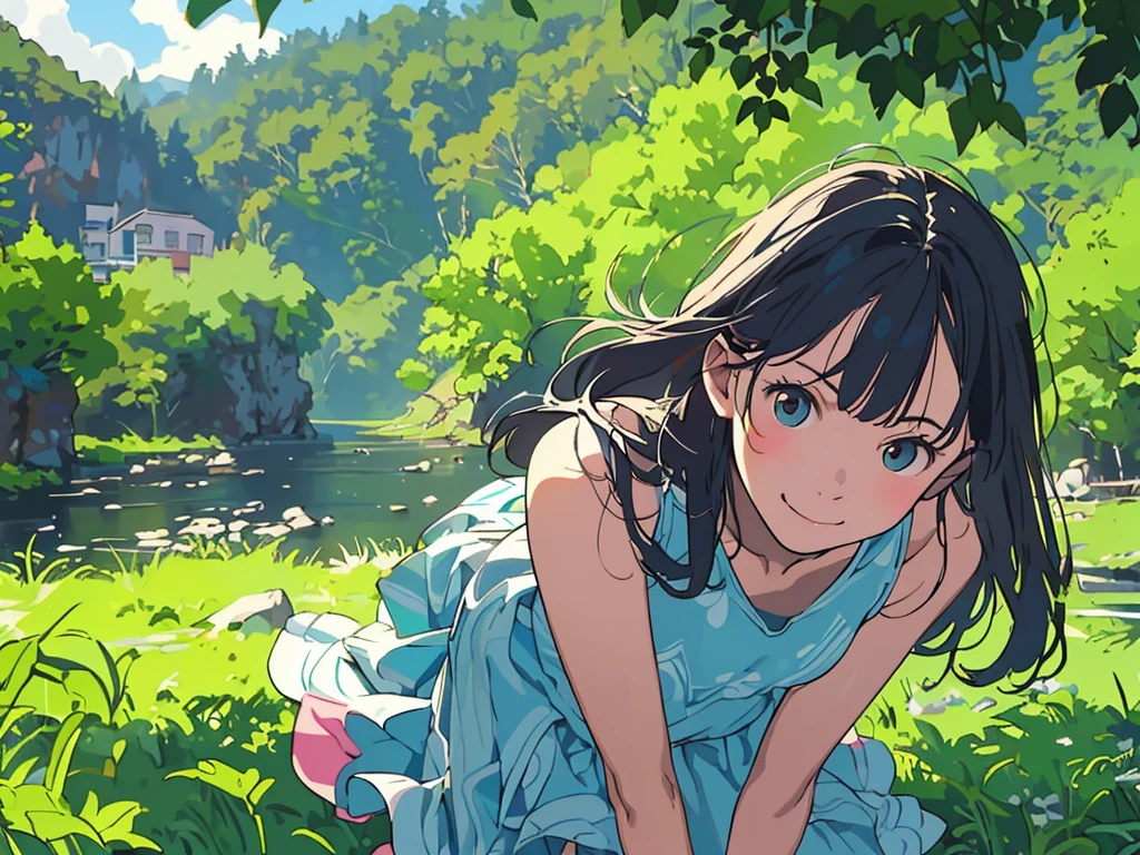 reasonable design, Clear lines, High Sharpness, (highest quality,8K,Perfect sharpness,Ultra fine,High resolution,masterpiece:1.2), Perfect Anatomy:1.5, Official Art, Illustrations that tell a story, (Whitish background:0. 9)、Body Positivity、More Mr.Physical expression、(Random and mischievous poses)、Perfect beauty、Perfect beautiful face、Strong winds、A rich expression、Dynamic composition、smile、Golden ratio composition、colorful、(Mr.Different angles and perspectives)、anime art、mini skirt、(Overcoming stereotypes)、 Glowing Skin、(Natural beauty)、smile、bangs、Straight Hair、(Soft and flowing hair)、(Rural Scenery)、(Nostalgic atmosphere)、Insert up to the thighs、(Playful and carefree)、(More Mr.Ethnic characters)、(innocent attitude)、(Sunny atmosphere)、Skirt flipped up、(Bright colors)、Belly button exposed、Beautiful Eyes、A skirt fluttering in the wind、Put it in to your feet、Some composition patterns、Tank top、ル、sensuous、Geometric pattern、