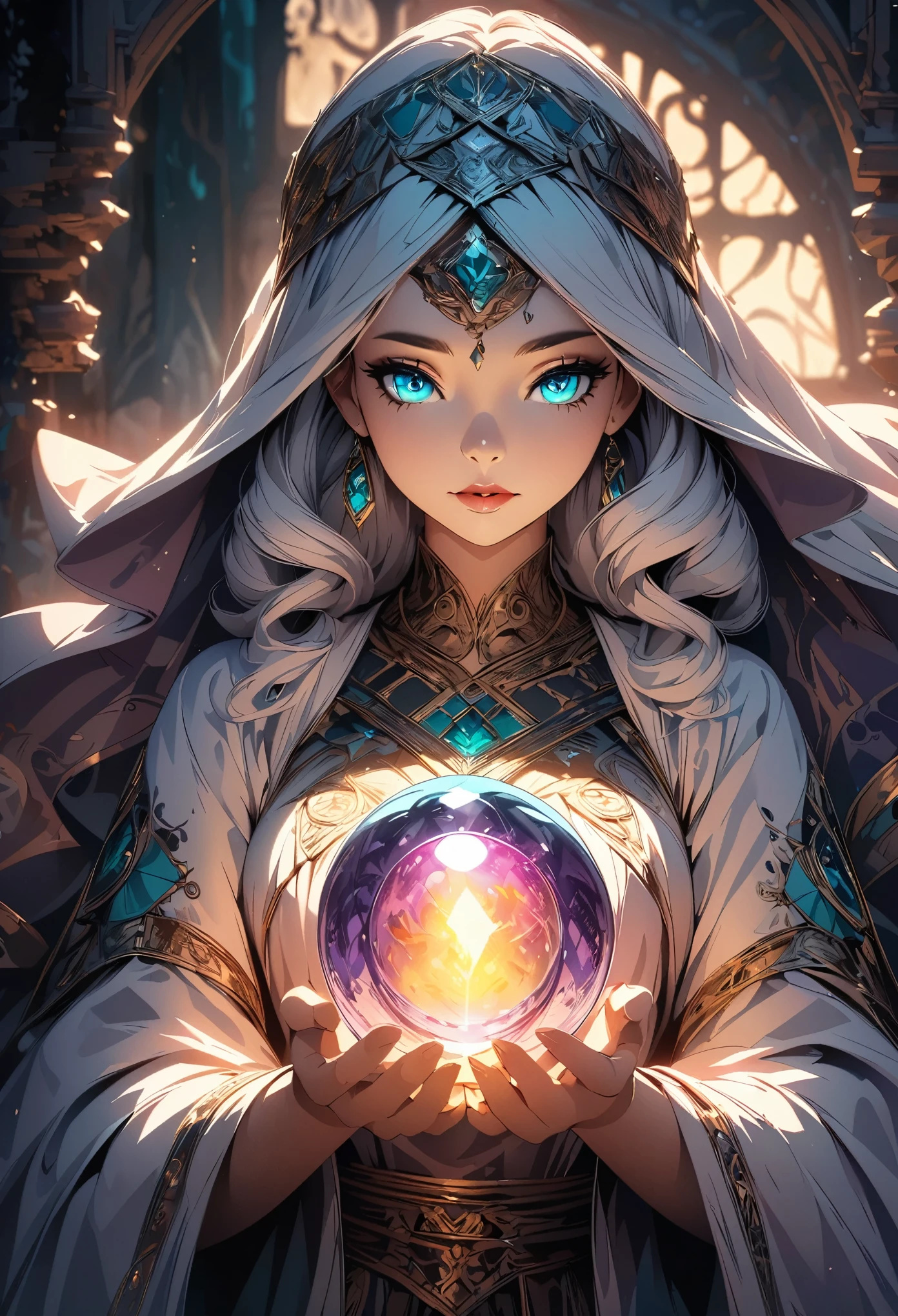 Fortune teller woman with crystal ball, Beautiful detailed eyes, Beautiful detailed lips, Highly detailed eyes and face, Long eyelashes, Elegant robes, Dramatic lighting, Shining crystal ball, Mysterious atmosphere, Intricate details, A calming color palette, Cinematic composition, Fantasy art, Digital Art, Anime Style, Detailed digital illustration, (Highest quality, 4K, 8K, High Contrast, masterpiece, Best aesthetics).