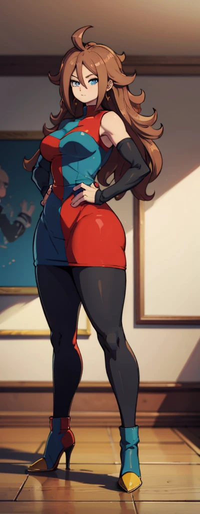 android 21, pose lateral, She is sideways to the spectator, sideways to camera, long brown hair, blue colored eyes, plaid dress, pantyhose, looking to the side, pose lateral, standing, ele está standing, serious, livingroom, light bulb, high qualiy, work of art, legs thick, big-ass, body healed,