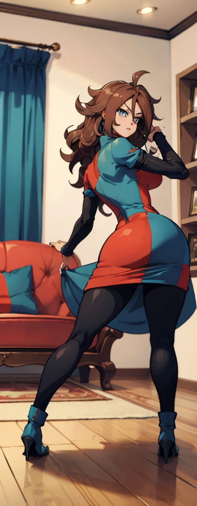 android 21, pose lateral, She is sideways to the spectator, sideways to camera, long brown hair, blue colored eyes, plaid dress, pantyhose, looking to the side, pose lateral, standing, ele está standing, serious, livingroom, light bulb, high qualiy, work of art, legs thick, big-ass, body healed,