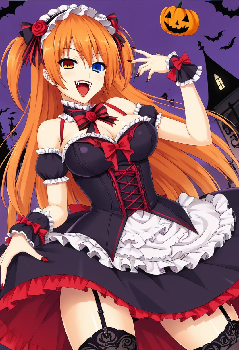 ,huge ,Gothic Lolita,Garter Straps,Laughing with your mouth open,tooth,vampire,Halloween,Orange Hair,hair ornaments,Heterochromia iridis,Best image quality,Highest quality