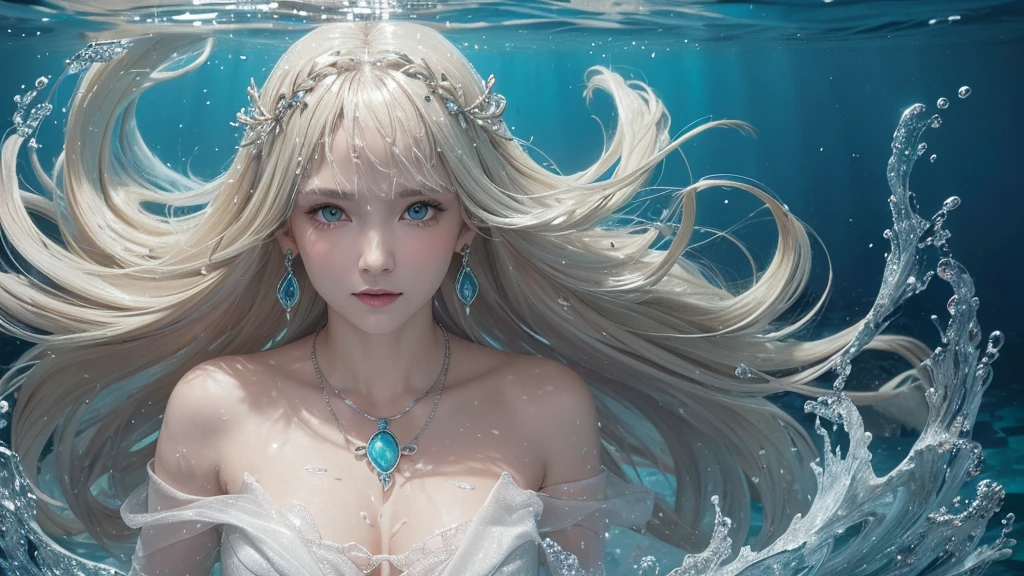 (Highest Quality Realistic Textured Skin),(terrible),(OK, round, Symmetrical eyes),Delicate facial features,(Burning bright cold eyes),(She has a mischievous smile),(Her face is kind and beautiful),Glass earrings in the ears,,(blonde),(Silvery white hair),(Chestnut Hair),(Swim at the bottom of the ocean),(Full body portrait:1.5),(Dramatic Photos:1.4),(Dramatic Pose),(Flashy photos)(look up),(Looking down),(Around her neck is a simple necklace made with exquisite craftsmanship.),Cluttered photos,(Hair flowing in water:1.5),(Underwater, Life at sea, 美しいCoral Reef, fish),(Background vortices and currents),(Dramatic Light),(Nice views),(美しいfishに囲まれて),遠くの背景にはCoral Reefに沈んだ寺院が見える,Coral Reef,Spectacular realism,Cinematic atmosphere,(High-density image review:1.5),(Soft colors:1.2),Very detailed,Dramatic Light,(Intricate details:1.1),Complex background,