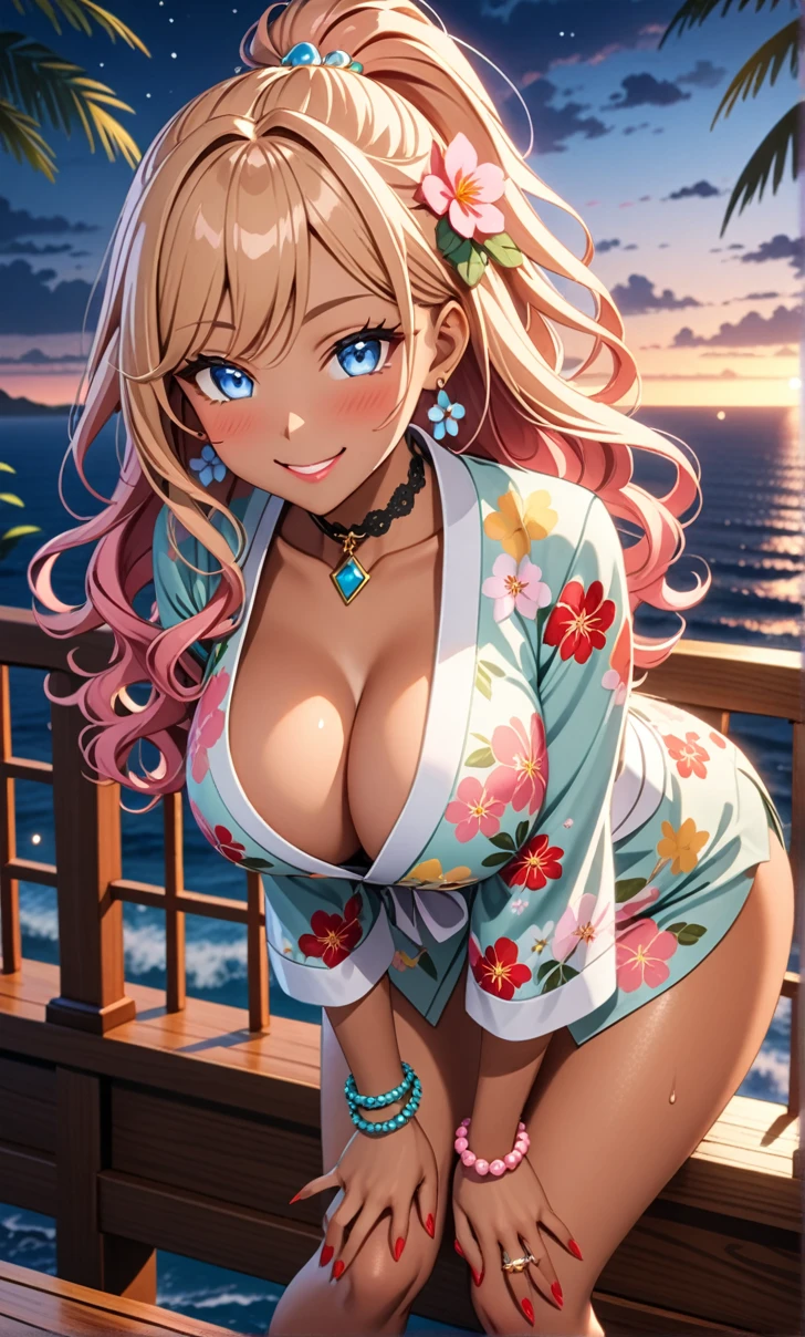 ultra-detailed, ((one girl)), (tan skin improved:1.4),(in pastel colors gyaru), (sweat skin), (heavy makeup), hyper detailed, absurdres, 8K, Beautiful Face, (Laugh shyly), ((teasing smile:1.8)),((Wink:1.7)), (Laugh with your mouth wide open),((Tilt your head:1.6)), View your viewers, ((Bright red cheeks:1.6)),Glossy Red Lips, ((Big Breasts:1.5)), ((show off breast:1.4)), ((Fold your arms under your chest:1.3)), night, An observation deck overlooking the sea, ((Anime style background)),masterpiece, Highest quality, so beautiful,Latest, Complex details, (Pink long nails), (nail art), (ring),(bracelet), (Floral Choker),AI-generated, Complex,High resolution, Highest quality, super high quality,3D Images、3D Images,One person,Yellow long hair,(High Ponytail), (wavy hair:1.3), Anime woman posing for a photo, ((Fine grain、blue eyes、glowing eyes:1.4)), (Squint your eyes:1.1),a hyperRealistic , hyperRealistic , Realistic,Anime woman with long yellow hair, Smooth anime CG art, A girl wearing a pastel-colored kimono, ((undressing)), ((Pastel-colored furisode)),(Pink large floral pattern) ,Long flower hair ornament,Floral Earrings,Mature Body, tall,Narrow waist, ((leaning forward:1.4)),(hands on knees), (front view),