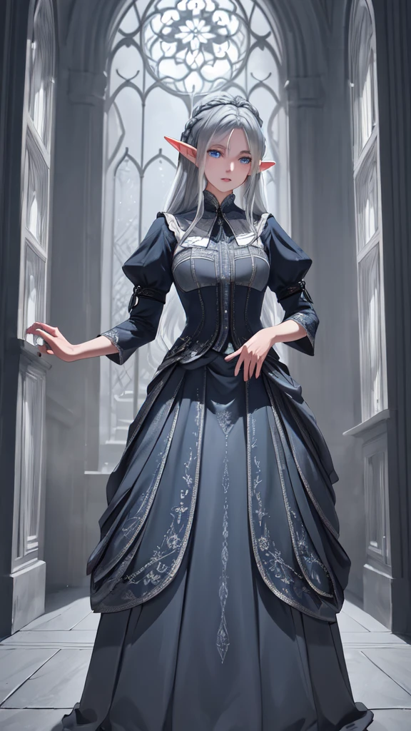 best quality,8k,masterpiece:1.2),extremely detailed,1girl, elf ,grey two-tone hair,dress,long skirt,beautiful detailed face,elaborate,dramatic lighting,4k,detailed background,caustics,portraits,full body shot,looking at the viewer, front view, long white hair, has blue eyes