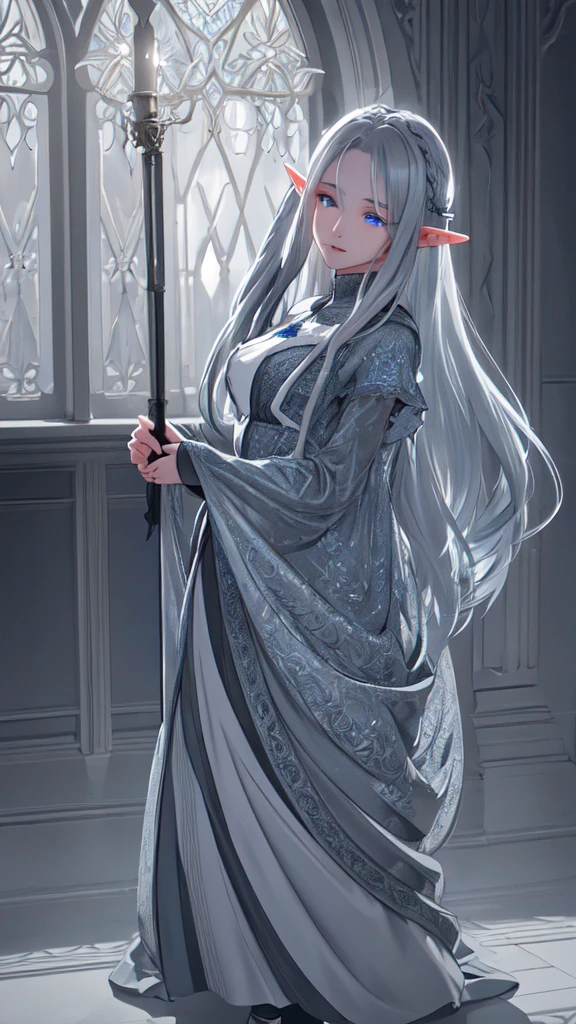best quality,8k,masterpiece:1.2),extremely detailed,1girl, elf ,grey two-tone hair,dress,long skirt,beautiful detailed face,elaborate,dramatic lighting,4k,detailed background,caustics,portraits,full body shot,looking at the viewer, front view, long white hair, has blue eyes