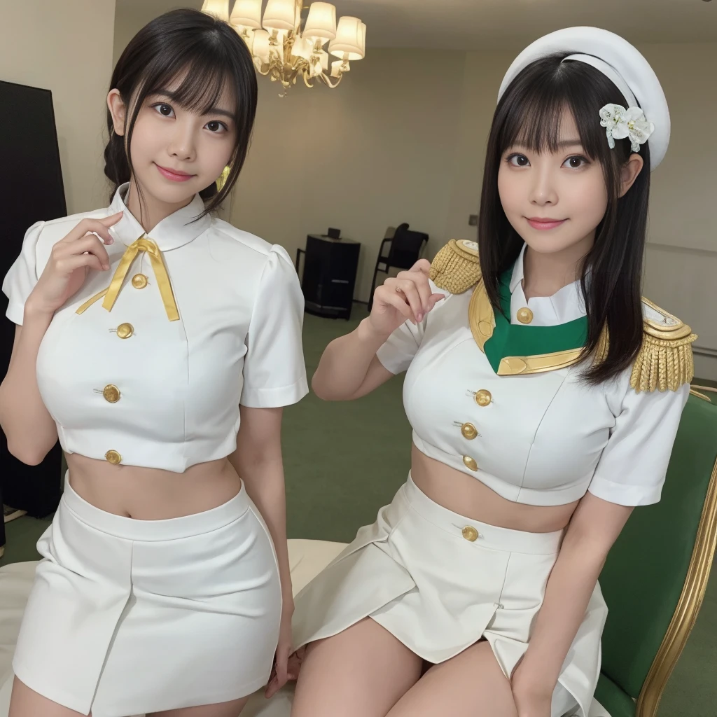 (elite , green, White and gold uniform, White Skirt, White top,White panties、 greenいリボン, Gold Button, Golden Shoulder Massage、Ass、Black Hair、Big Ass、Inside a large auditorium、Micro Mini Skirt)、Extremely sexy、Glamorous Body、smile、Professional Lighting、Impressive body curves、Beautiful adult woman、Captivating thighs、Very large breasts、Cowboy Shot