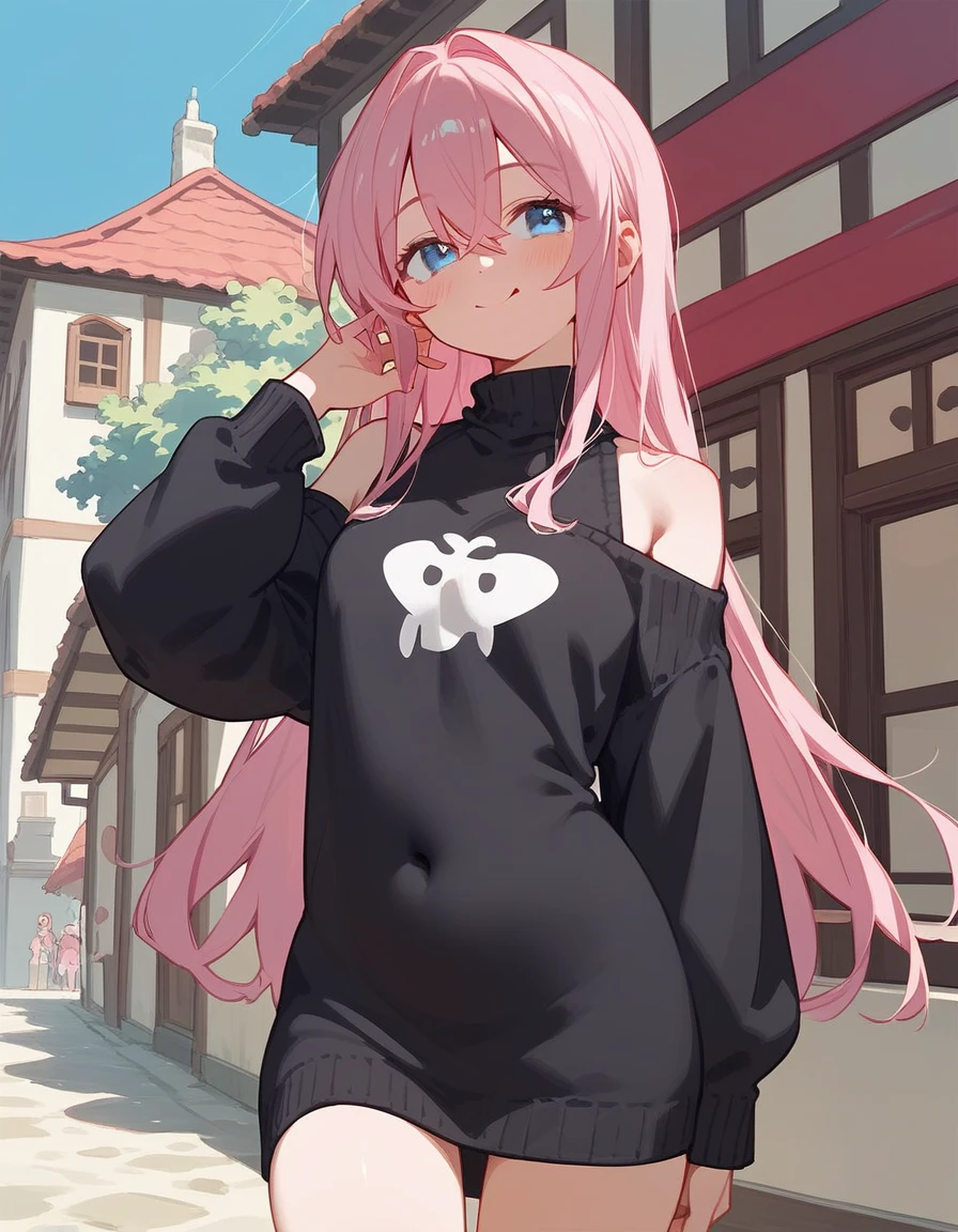 One girl, Shikimori-san, Pink Hair, Long Hair, blue eyes, Hair between the eyes, bangs, blush, compensate, smile, chest, Black sweater, Bare shoulders, No sleeve, skirt, View your viewers, Show your belly,belly button,Kissing Face,masterpiece, Highest quality,In town,