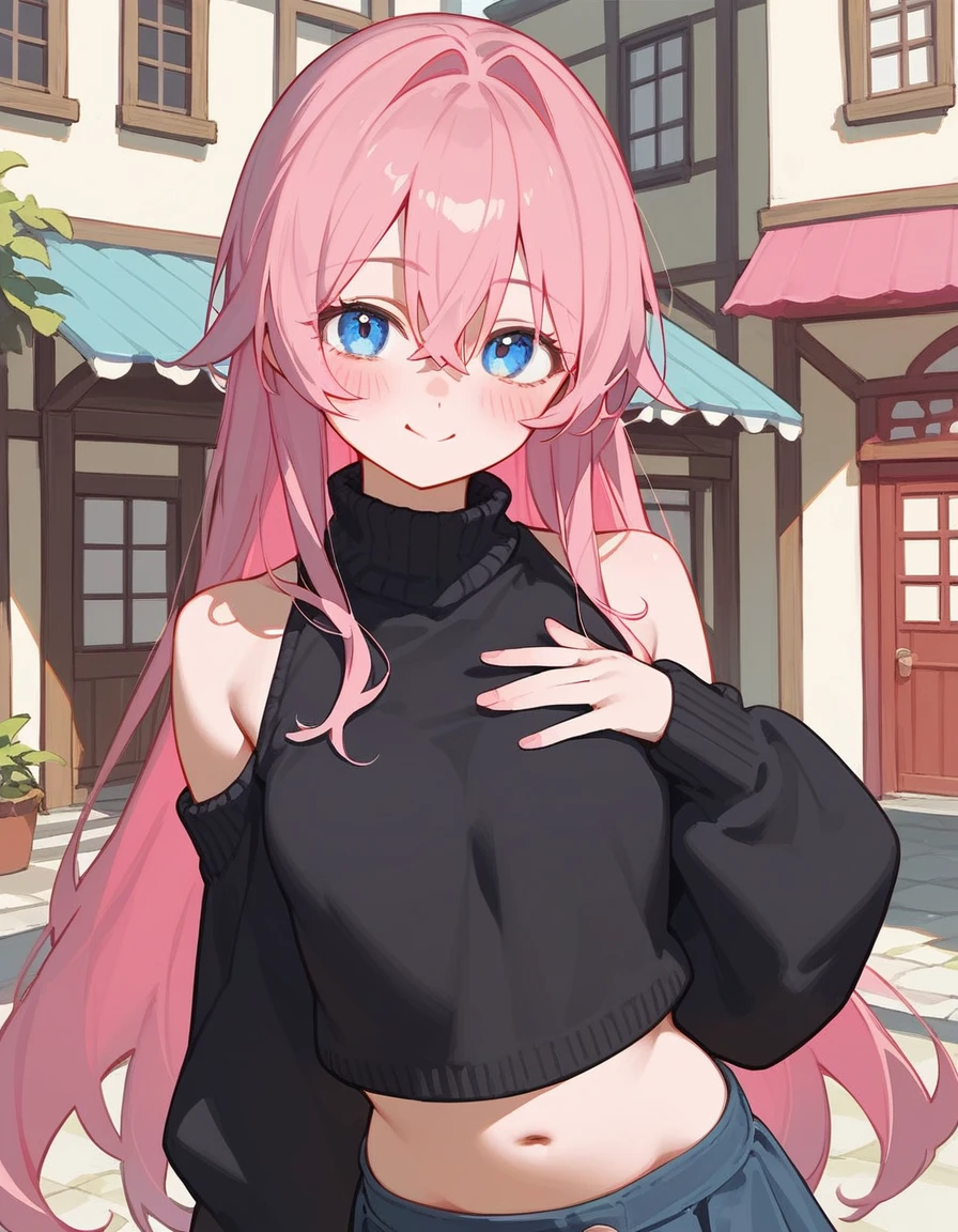 One girl, Shikimori-san, Pink Hair, Long Hair, blue eyes, Hair between the eyes, bangs, blush, compensate, smile, chest, Black sweater, Bare shoulders, No sleeve, skirt, View your viewers, Show your belly,belly button,Kissing Face,masterpiece, Highest quality,In town,