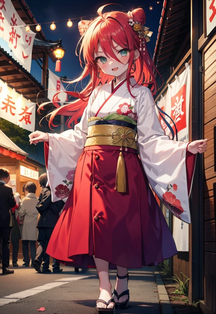 Shana,灼眼のShana,Long Hair, A girl with long red hair and red eyes,Ahoge,smile,blush,Open your mouth,Hair Bun, single Hair Bun,blush,Red Kimono,Thick sleeves,Red long skirt,Sandals,日本のfestival,夏festivalの屋台,Red lantern,whole bodyがイラストに入るように,Walking, break looking at viewer, whole body, break outdoors, shrine,festival, break (masterpiece:1.2), Highest quality, High resolution, unity 8k wallpaper, (shape:0.8), (Beautiful and beautiful eyes:1.6), Highly detailed face, Perfect lighting, Highly detailed CG, (Perfect hands, Perfect Anatomy),