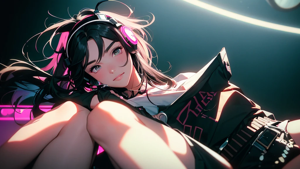 High resolution,Super detailed,Realistic,Portraiture,White women,18-year-old,Black Hair, bangs,Hazel Iris,Toned Up,Physically slim,Realistic proportions,Anatomically correct,university student,smile, Pink Cheeks; Intimate distance,Dark soft lighting,hiphop girl,Neon Hair,Textured Trim, (masterpiece,Highest quality), lofi, Battle DJ girl in HIPHOP fashion wearing DJ headphones
