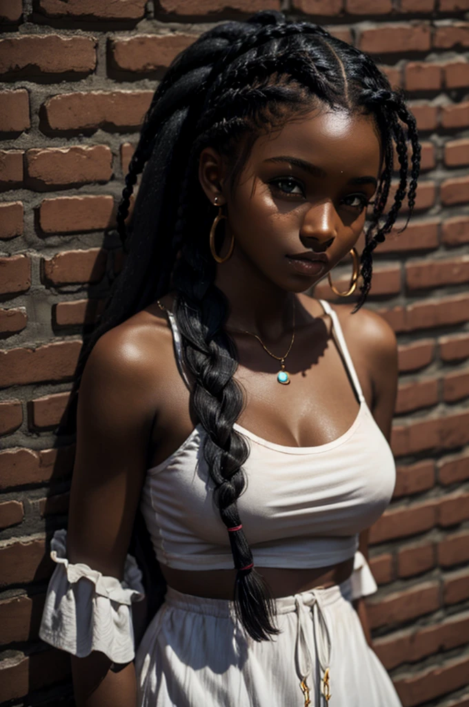 cute, Dark skin, teenager, beautiful face, deep ebony, showing breasts, braided Afro ponytail , SFW