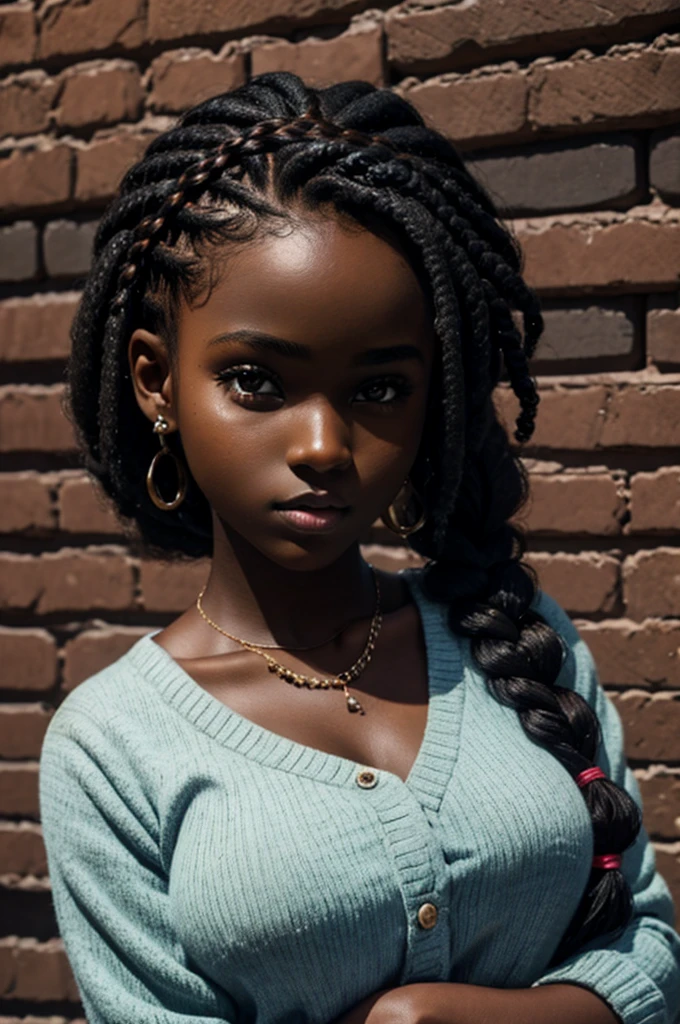 cute, Dark skin, ager, beautiful face, deep ebony, showing breasts, braided Afro ponytail , SFW