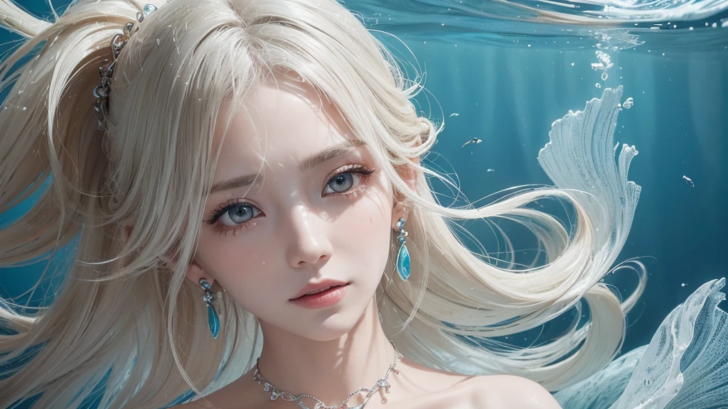 （Highest Quality Realistic Textured Skin),(terrible),(OK, round, Symmetrical eyes),Delicate facial features,(Burning bright cold eyes),(She has a mischievous smile),(Her face is kind and beautiful),Glass earrings in the ears,,(blonde),(Silvery white hair),(Chestnut Hair),(Swim at the bottom of the ocean)，(Full body portrait:1.5),(Dramatic Photos:1.4),(Dramatic Pose),(Flashy photos)(look up),(Looking down),(Around her neck is a simple necklace made with exquisite craftsmanship.),Cluttered photos，(Hair flowing in water:1.5),(Underwater, Life at sea, 美しいCoral Reef, fish),(Background vortices and currents),(Dramatic Light),(Nice views),(美しいfishに囲まれて),遠くの背景にはCoral Reefに沈んだ寺院が見える,Coral Reef,Spectacular realism,Cinematic atmosphere,(High-density image review:1.5),(Soft colors:1.2),Very detailed,Dramatic Light,(Intricate details:1.1),Complex background,