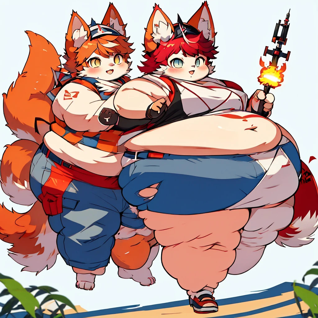 anime character holding a can of soda with a cat on it, holo is a fox girl, fox nobushi, kitsune holding torch, kemono, annie from league of legends, anime girl drinks energy drink, with kitsune mask, akane owari danganronpa, 1 3 5 mm!!, furry anime, epic anime style, Fluffy and Fat Face, Big Butt, Big Cheeks, Obese Body, Sexy, Obese Girl, red hair