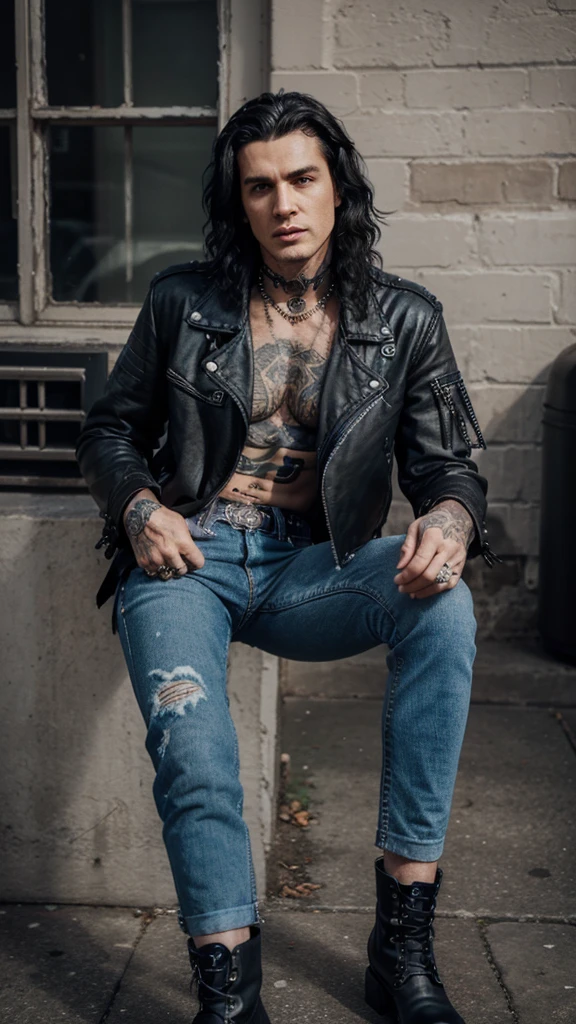 Perfect eyes and face, realistic men, normal limbs, rock stars from 80s era, neck tattos, wavy black hair, old rockstar jacket, ripped long jeans, rockstars boots, old tone color effect, 4k, dynamic angle,