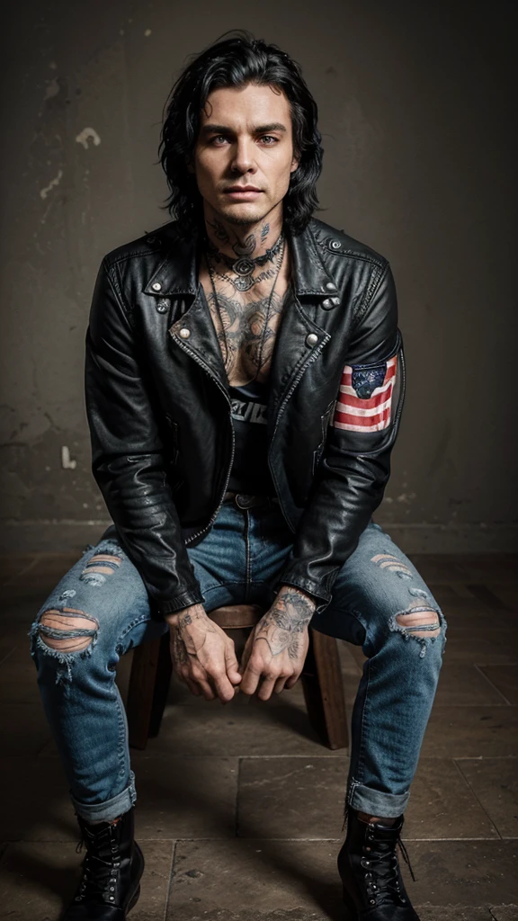 Perfect eyes and face, realistic men, normal limbs, rock stars from 80s era, neck tattos, wavy black hair, old rockstar jacket, ripped long jeans, rockstars boots, old tone color effect, 4k, dynamic angle,