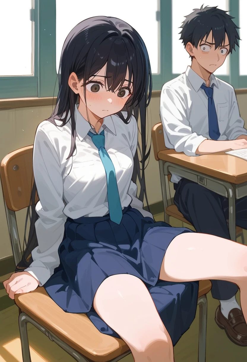Hoshino Ichika,Project Sekai,project sekai,One girl,feel ashamed,high school girl,Blue-black hair,black eye,beautiful girl,long hair,School,White shirt,Blue tie,skirt,Sitting in a chair,Watching the audience,Spread your legs,Show your pants,nsfw,skirtを上げる