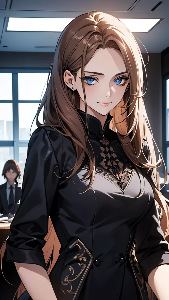 (Highest quality,High resolution,Very detailed),1 Girl, Beautiful and elegant light blue eyes, Brown Hair, Cold Smile,Straight long hair tied back, Wearing a black suit, Mature Woman, Age 25,Cruel smile, Calm and Calm, Slim figure, Pale complexion, thin, Calm, In the conference room.