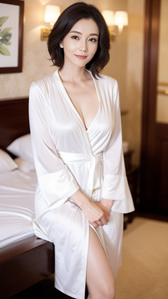 Tabletop,Highest quality, (Dear. :1), ,（Sitting on a bed in a luxury hotel suite:1.3)、Full body photo night，(Wearing a white bathrobe:1.2)、(Beautiful woman:1.5)，、Long legs，Hyper detail on skin，（Small Face:1.3)，Panoramic View，（Slightly thicker:1.3)、，(Big Breasts:1.4)，(Beautiful women over 30 years old:1.5),  （Beautiful curly very short hair:1.8)、Perfect Face,,  (Detailed facial features),  (A clean and elegant face:1.5)、,(Dimly lit room:1.3)、Beautiful lighting、（Luxurious interior:1.2)、