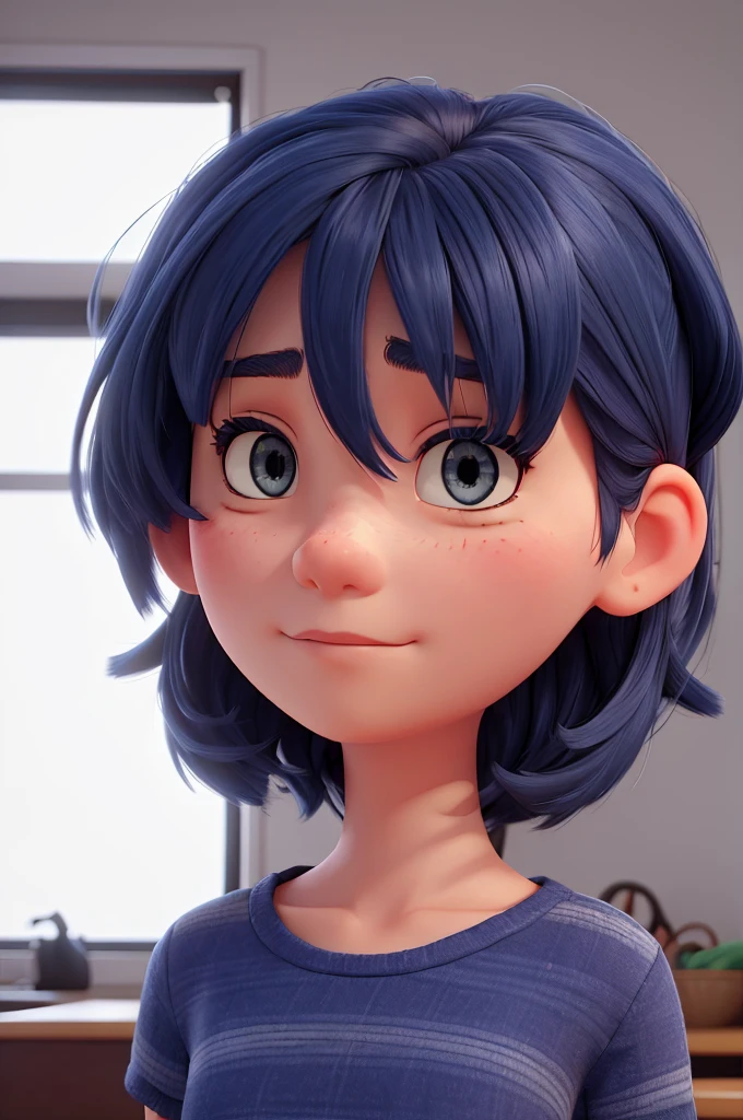 create an image that illustrates a girl with bangs and a very tired face, wearing navy blue hair