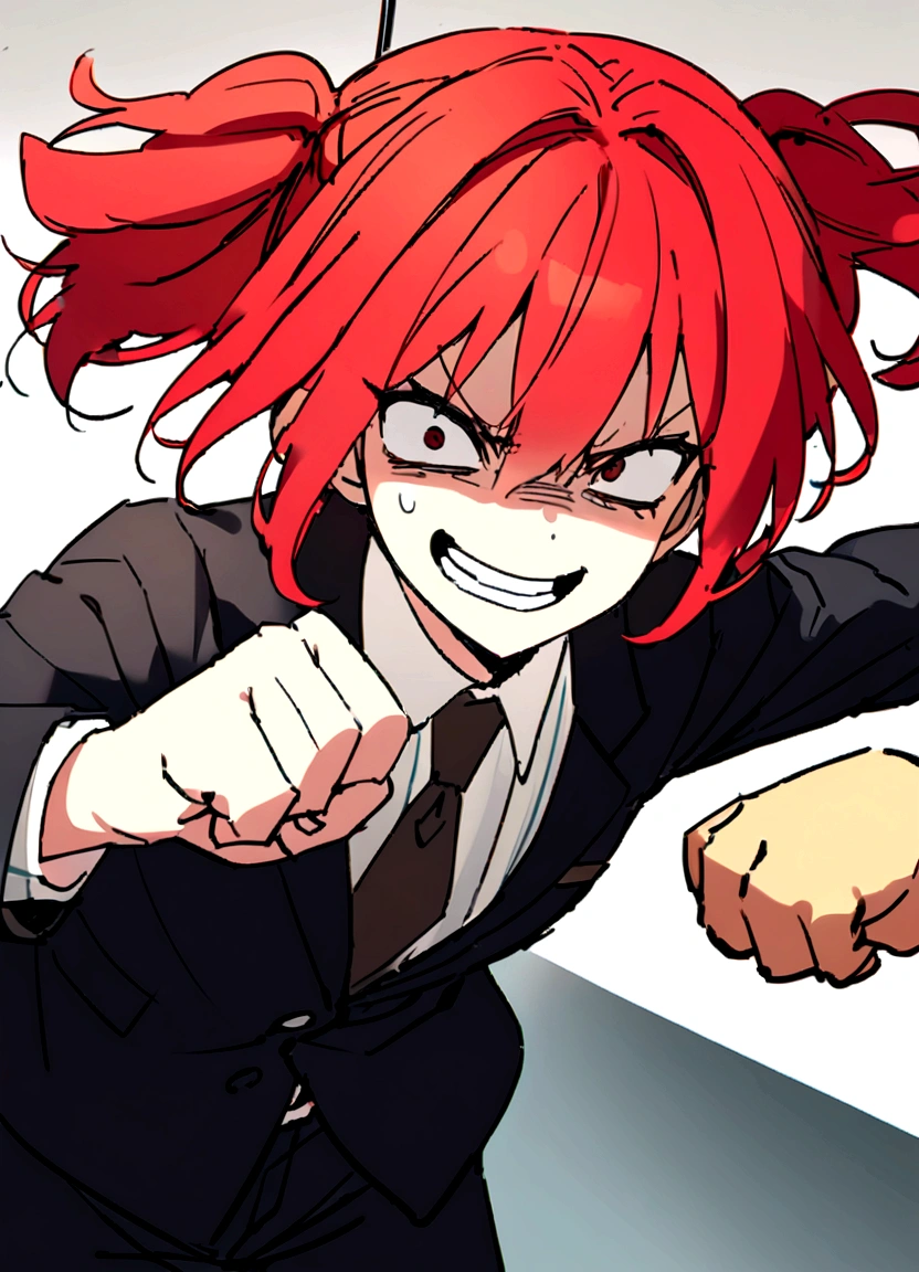 Red hair、Black suit、punch、Scary smile、office、Daytime、punching,Front facing,Momentum、Front facing