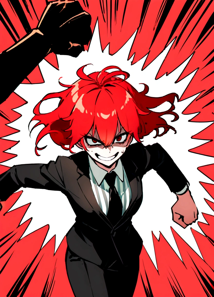 Red hair、Black suit、punch、Scary smile、office、Daytime、punching,Front facing,Momentum、Front facing