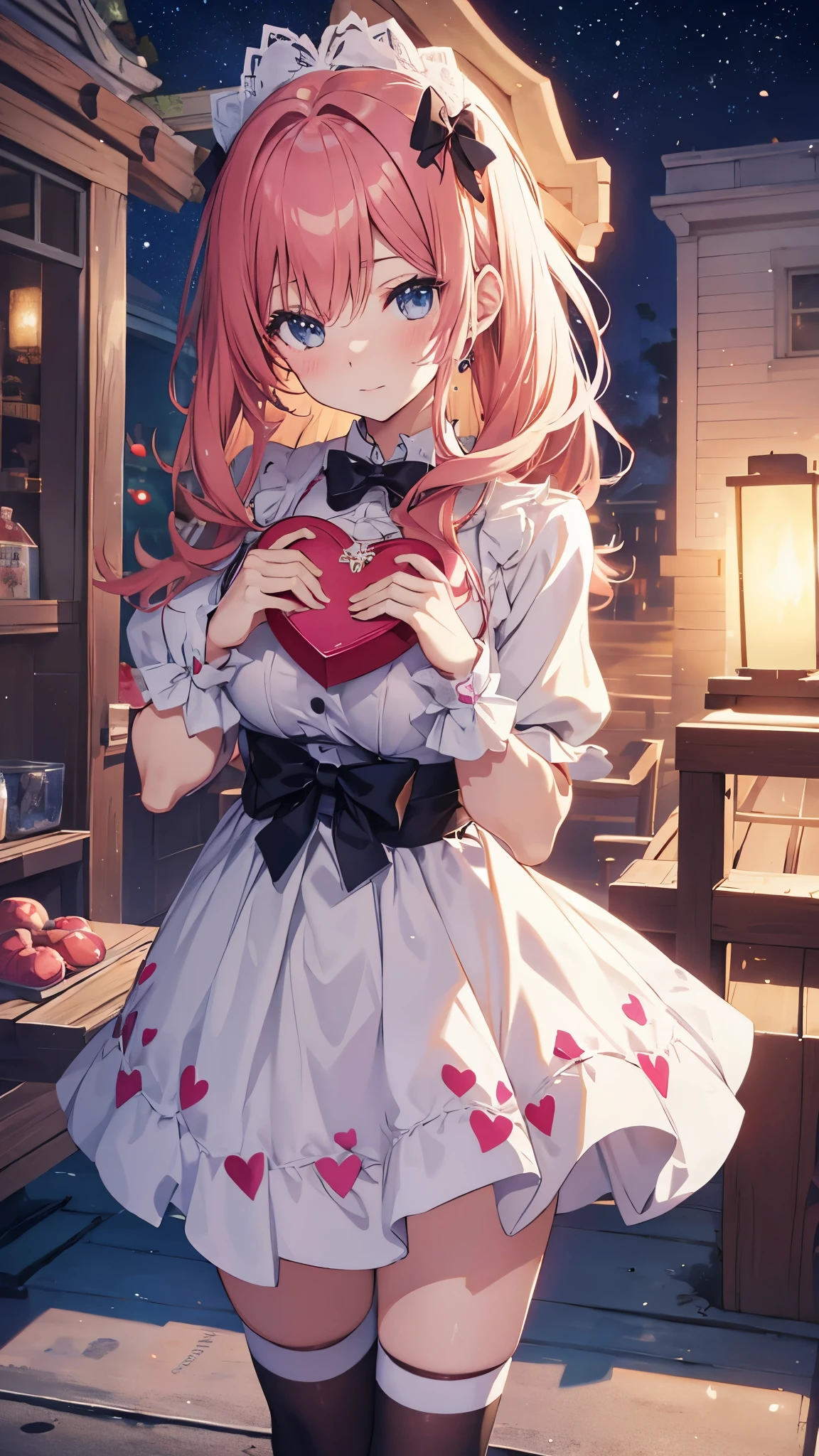 An anime girl holding a heart-shaped box with a New Year's greeting message (8K, RAW Photos, Highest quality, masterpiece: 1.2), High-quality RAW color photos, Professional photography, Cinematic Light, alone, (((young woman, Gal))), ((White shirt, Red tie)), (Beautiful and beautiful eyes, Beautiful lip detail), (Round eyes), (Small face), (Skin with attention to detail: 1.2), clavicle, Cute face, Beautiful Face, Long eyelashes, (Black Hair, short hair), Highly detailed eye drawing, ((Highly detailed face)), (Slim figure:1.2), Highly detailed faceと肌の質感, double eyelid, Upward glance, (Romantic atmosphere、Bright colors), colorful, beautiful girl, smile, Long Hair, Happy expression, ((Holding a heart-shaped gift box in both hands、I will hand it over.:1.9, Valentine's day package, please stretch your arms)), (Red and brown pop Valentine's day background), Hidden Love, Heartwarming, Soft lighting, blush, Excited, Romantic atmosphere, Now, Expressions of joy, Bright colors,