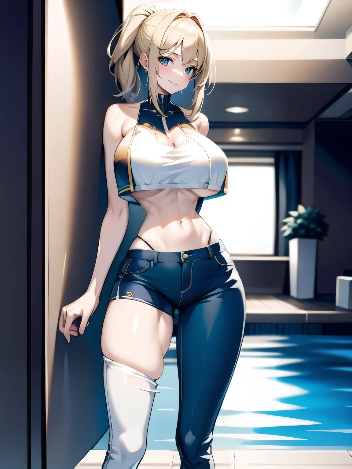 (high resolution digital image), (full length photograph), deep DOF, nsfw, male gaze, male lust, (1girl:1.3), extremely huge breasted busty (Lindsey Pelas:Kate Upton:0.5), bad daddy spying on his (extremely huge breasted busty young daughter:1.3) by the pool, blonde ,bikini top, jeans pulled down, short hair, messy hair, taboo busty teenptation, (slender skiny fit teen), blean midriff, narrow hips, tiny ass, long slender legs, standing, sexy pose