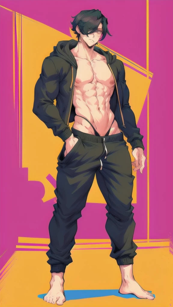 full body in image, masculine pose, unique hair, full man, hoodie jacket, harem pants, male body, slender body, short hair, full body, hot body, sexy male body, dinamic pose. detalied pose, body, simple background, expressive face, focus on face, line art, sketch
