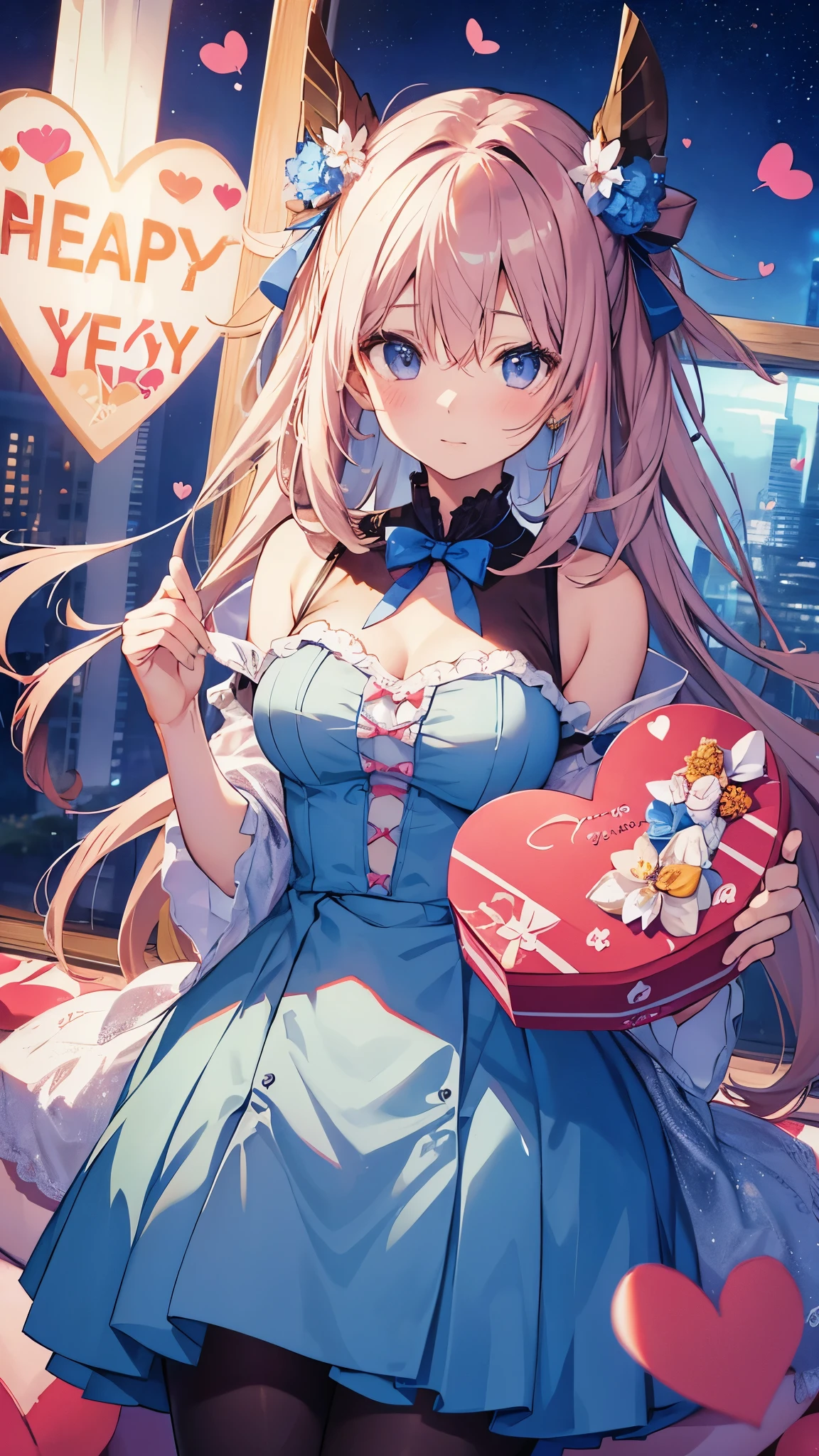 An anime girl holding a heart-shaped box with a New Year's greeting message (8K, RAW Photos, Highest quality, masterpiece: 1.2), High-quality RAW color photos, Professional photography, Cinematic Light, alone, (((young woman, Gal))), ((White shirt, Red tie)), (Beautiful and beautiful eyes, Beautiful lip detail), (Round eyes), (Small face), (Skin with attention to detail: 1.2), clavicle, Cute face, Beautiful Face, Long eyelashes, (Black Hair, short hair), Highly detailed eye drawing, ((Highly detailed face)), (Slim figure:1.2), Highly detailed faceと肌の質感, double eyelid, Upward glance, (Romantic atmosphere、Bright colors), colorful, beautiful girl, smile, Long Hair, Happy expression, ((Holding a heart-shaped gift box in both hands、I will hand it over.:1.9, Valentine's day package, please stretch your arms)), (Red and brown pop Valentine's day background), Hidden Love, Heartwarming, Soft lighting, blush, Excited, Romantic atmosphere, Now, Expressions of joy, Bright colors,