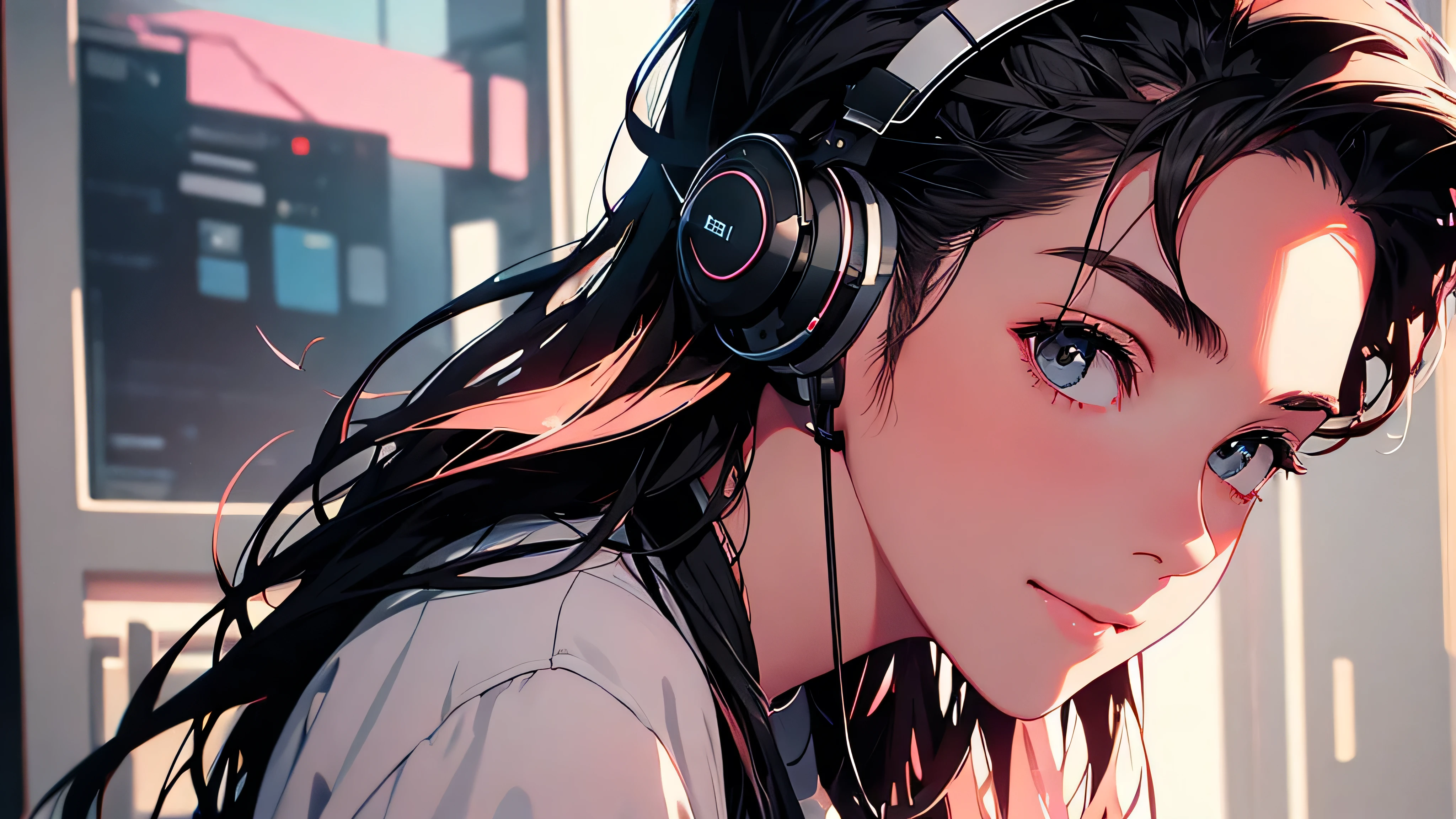 High resolution,Super detailed,Realistic,Portraiture,White women,18-year-old,Black Hair, bangs,Hazel Iris,Toned Up,Physically slim,Realistic proportions,Anatomically correct,university student,smile, Pink Cheeks; Intimate distance,Dark soft lighting,hiphop girl,Neon Hair,Textured Trim, (masterpiece,Highest quality), lofi, Battle DJ girl in HIPHOP fashion wearing DJ headphones