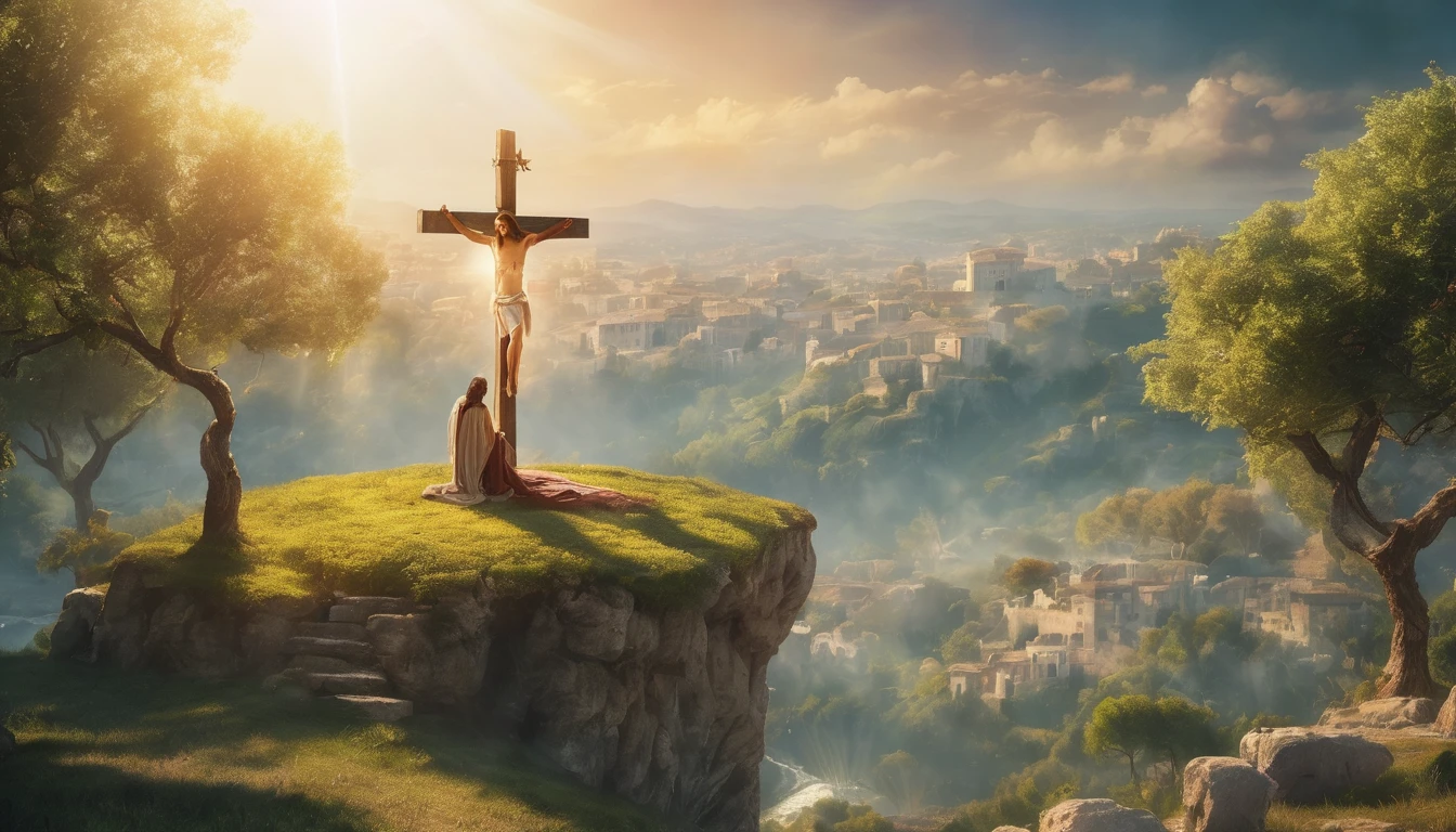 It depicts the realistic scene of Jesus crucified as written in the book of John, chapter 19, verse 28 to 37, beautiful fantasy lighting, natural afternoon landscape, magical fantasy ancient Rome, wonderland sunlight, very magical and dreamy, lovely lighting, magical atmosphere, beautifully lit landscape, very beautiful photo, magical lighting, beautiful, beautiful background, magical atmosphere. 8k