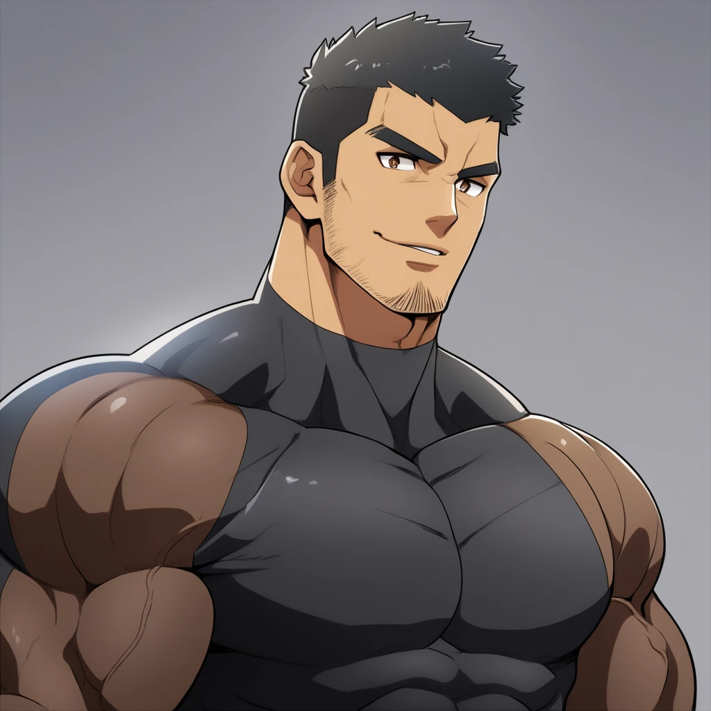 anime characters:Gyee, Muscle Sports Student, negro black skin, 1 dark skin muscular tough guy, Manliness, male focus, Brown long-sleeved high-necked tight diving suit, Very tight, Round, full and perky chest muscles, Perfect waist line, Slightly transparent, muscular male, muscular, only, Upper body, alone, Black short hair, Thick eyebrows, stubble, Brown eyes, Grey background, simple background, amazing quality, best aesthetics, Ridiculous, bright pupils, crew cut, parted lips, seductive smile, torogao, naughty face, best quality