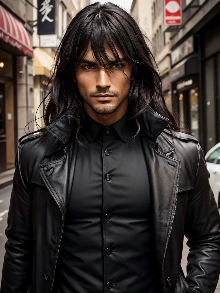 (best quality), 1boy, mature man, tanned skin, black hair, (bangs over eyes), long hair, wavy hair, messy hair, brown eyes, perfect eyes, stubble, black trench coat, black clothes, hitman, fully clothed, serious expresssion, strong jawline, muscular, broad, masculine, stoic, masterpiece, anatomically correct, highres
