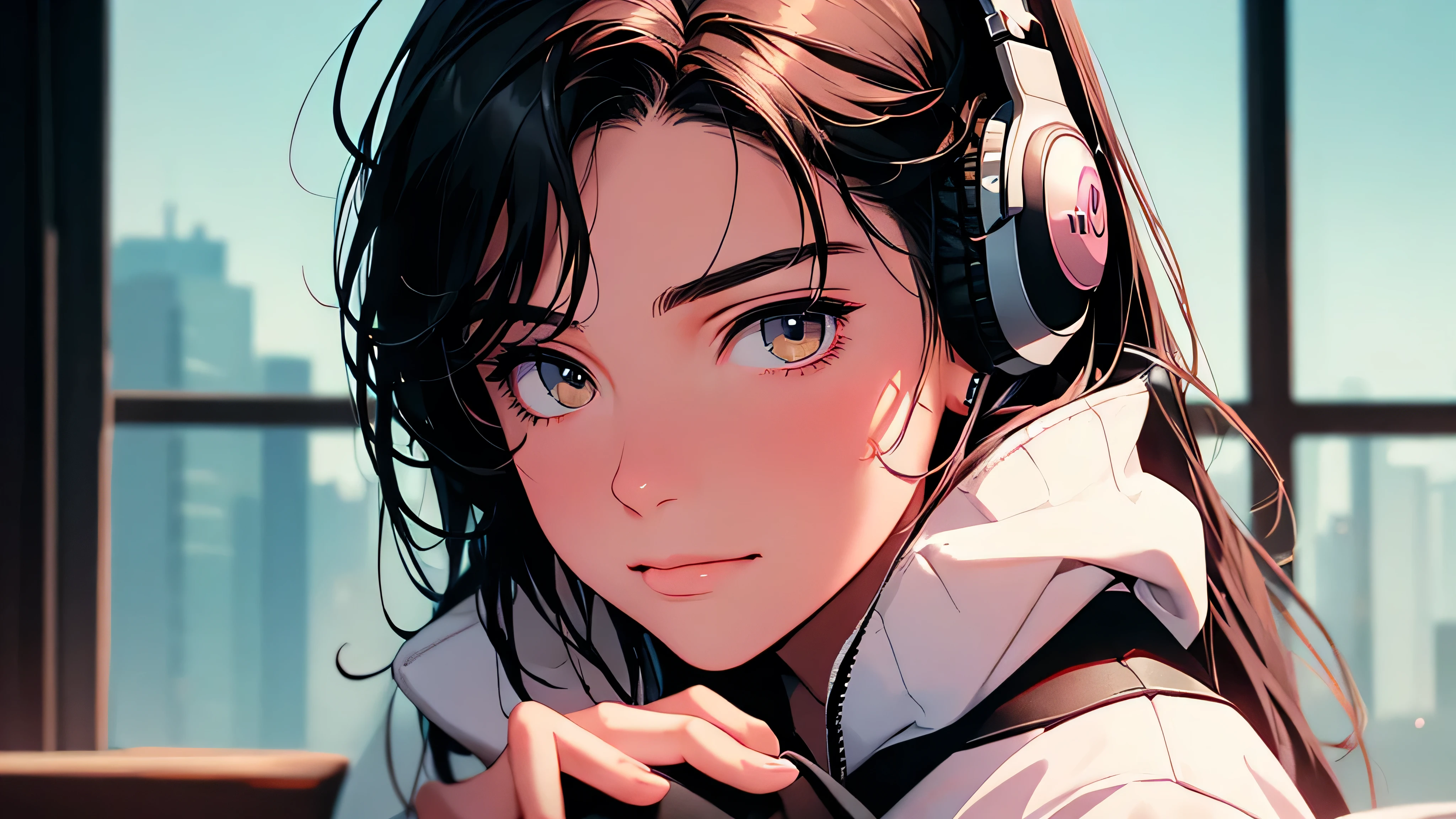 High resolution,Super detailed,Realistic,Portraiture,White women,18-year-old,Black Hair, bangs,Hazel Iris,Toned Up,Physically slim,Realistic proportions,Anatomically correct,university student,smile, Pink Cheeks; Intimate distance,Dark soft lighting,hiphop girl,Neon Hair,Textured Trim, (masterpiece,Highest quality), lofi, Battle DJ girl in HIPHOP fashion wearing DJ headphones