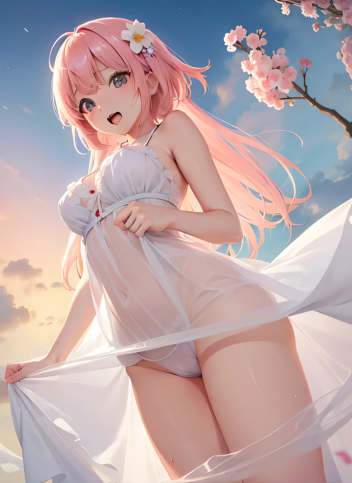 high quality、Ultra-high resolution、masterpiece high quality wallpaper、Attractive appearance、Blu-ray clarity、Full Body Shot、Full nudity、(From below:1.5)、(Depth Field:1.3)、 (Highest quality,See-through night dress, Big mouth, 8K, masterpiece:1.2, Browsing Caution ),cute,cute girl,mesugaki,Beautiful Face,Beautiful Eyes,Beautiful Hair, Light pink hair,Colorful flowers bloom and cry out, Orgasm Expression,Toe cramps,Genital spasms,Upper eyelid adduction,pubic hair,Wet Skin,