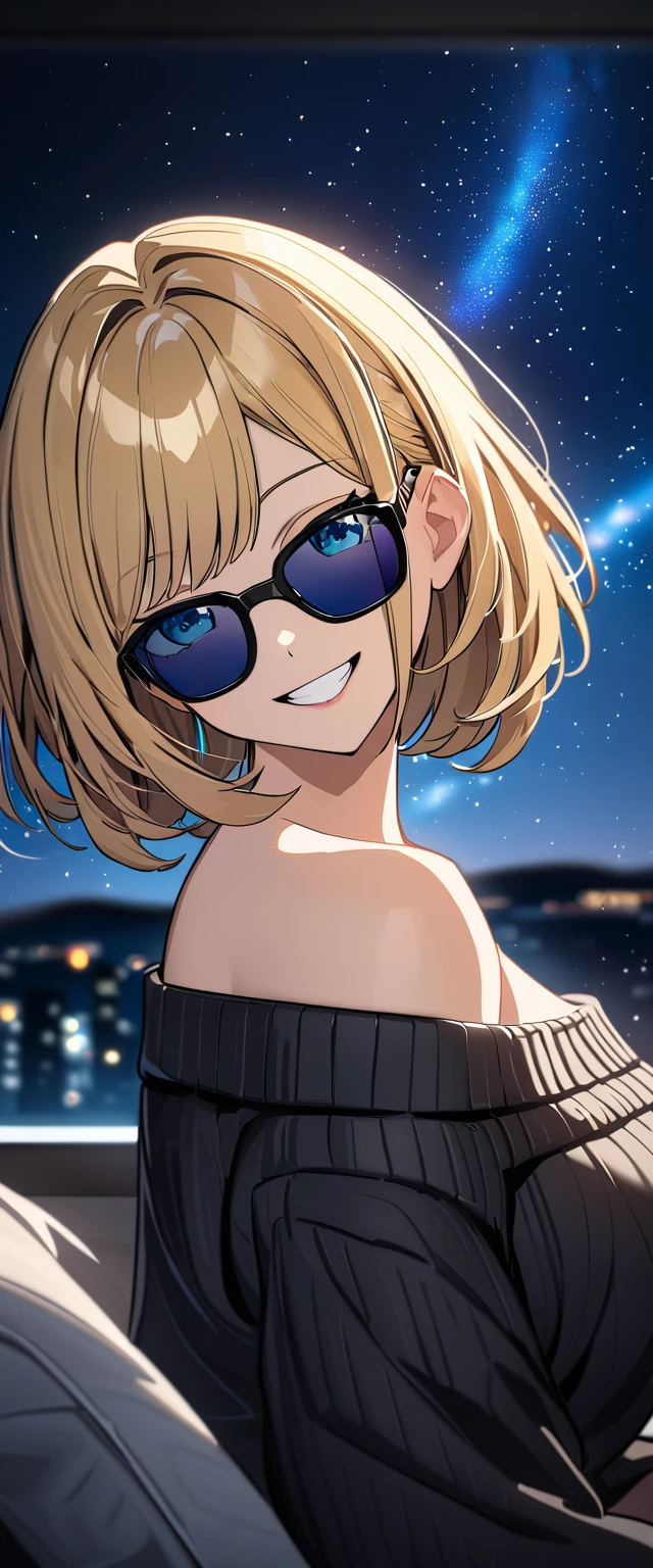((grin)), ((off-shoulder sweater:1.3, Quite thick shoulder straps)), ((black sweater)), ((blond hair, bob cut:1.3)), ((sunglasses, hand to sunglasses)), (((from side))), ((((upper body)))), ((Leaning to side)), (((a beautiful starry sky, the Milky Way shining beautifully in the night))), ((sitting on the very high cliff)), wavy hair, inward curled hair, ((sea)), breasts, teenager, (looking at viewer), oversized clothes, puffy long sleeves, collarbone, head tilt:1.3, (((blue eyes))), happy smile, (((anime style))), (best quality, 4K, 8K, highres, masterpiece:1.2, ultra-detailed, ultra-detailed eyes, HDR, uhd, studio lighting, ultra-fine painting, sharp focus, physically-based rendering, extreme detail description, professional, vivid colors, bokeh)