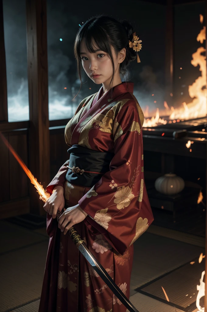 A woman in a kimono facing off against a monster、Has flames on its body、Angry expression、Equipped with a Japanese sword on his waist（Whole body 1：2）The World of Japanese Styles、Looking at the camera、View from the front