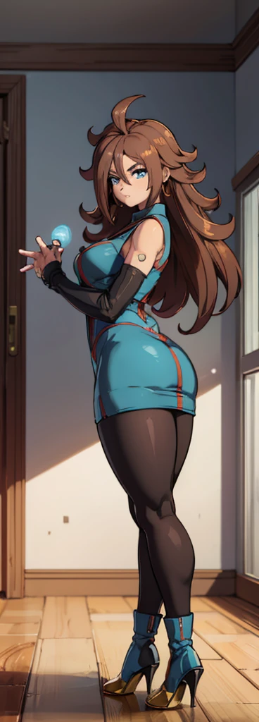 android 21, pose lateral, She is sideways to the spectator, sideways to camera, long brown hair, blue colored eyes, plaid dress, pantyhose, looking to the side, pose lateral, standing, ele está standing, serious, livingroom, light bulb, high qualiy, work of art, legs thick, big-ass, body healed,