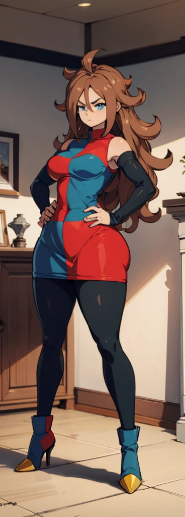 android 21, pose lateral, She is sideways to the spectator, sideways to camera, long brown hair, blue colored eyes, plaid dress, pantyhose, looking to the side, pose lateral, standing, ele está standing, serious, livingroom, light bulb, high qualiy, work of art, legs thick, big-ass, body healed,